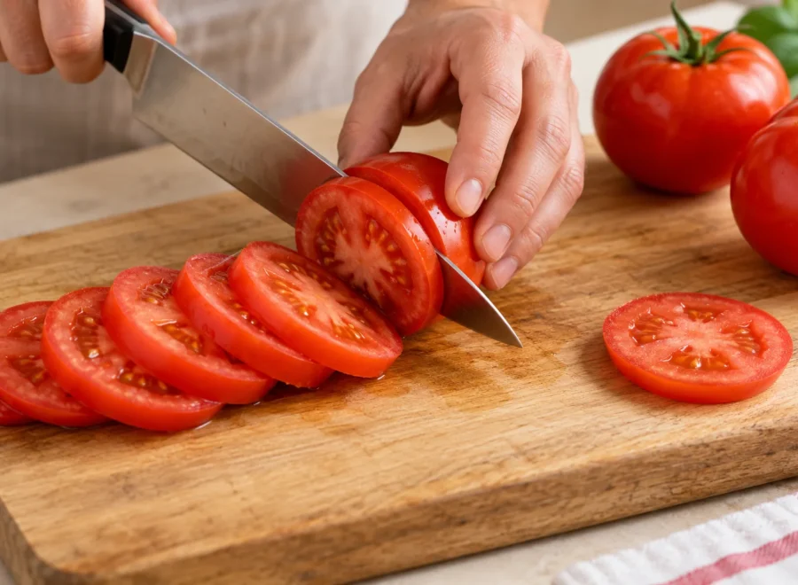Insalata caprese: Taglia i pomodori in fette regolari