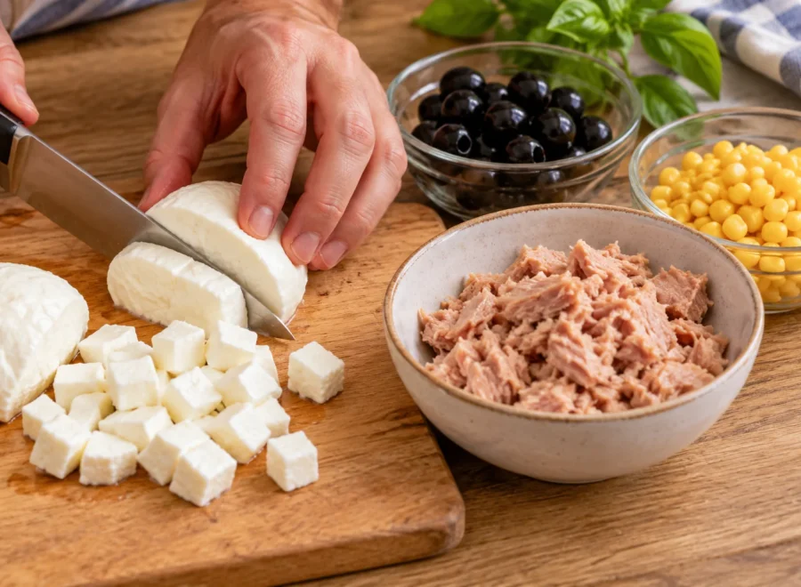 Insalata di riso: Prepara tonno, mozzarella e olive