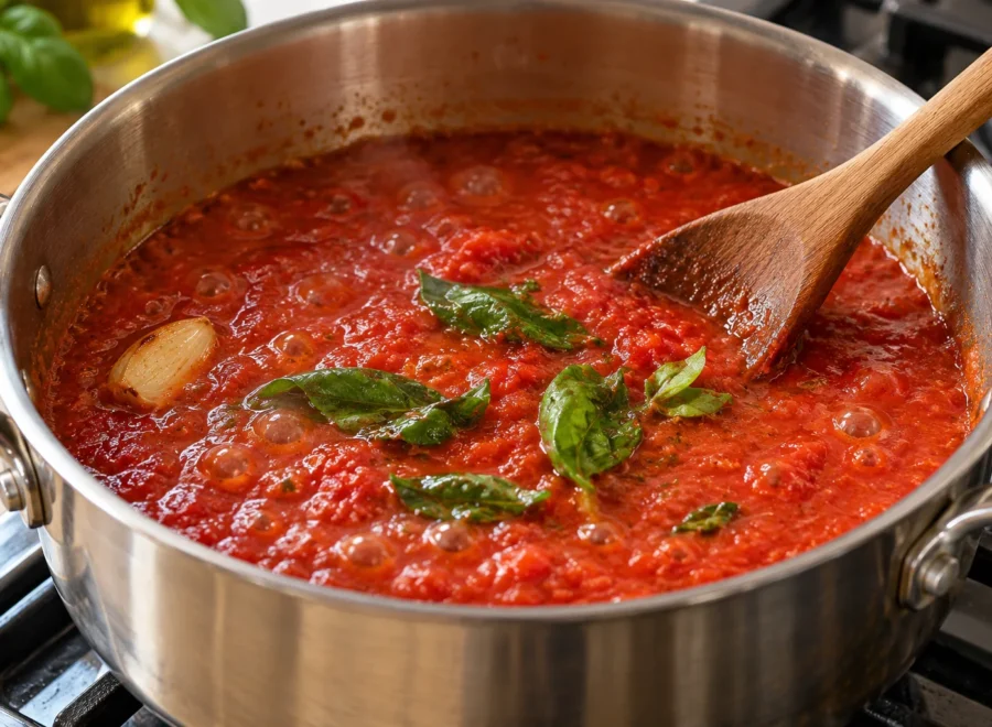 Pasta alla Norma: Fai restringere il sugo al basilico