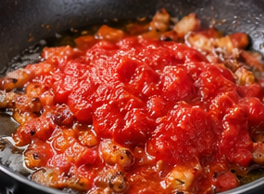 Spaghetti all'amatriciana: Cuoci il sugo di pomodoro